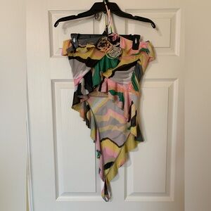 NWT AFRM Soft Linear Mesh Ruffle Abstract Asymmetrical Halter Crop Top Y2K Artsy